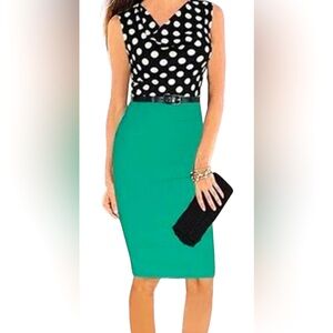 Bodycon sexy retro polka dot dress green black white sz L M belt not included